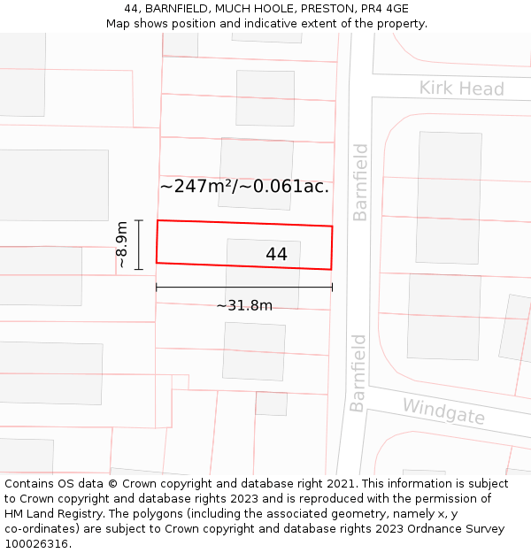 44, BARNFIELD, MUCH HOOLE, PRESTON, PR4 4GE: Plot and title map