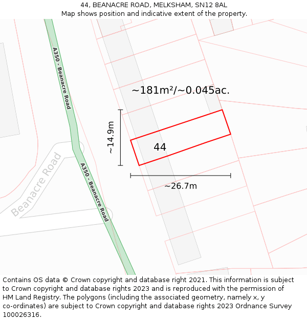 44, BEANACRE ROAD, MELKSHAM, SN12 8AL: Plot and title map