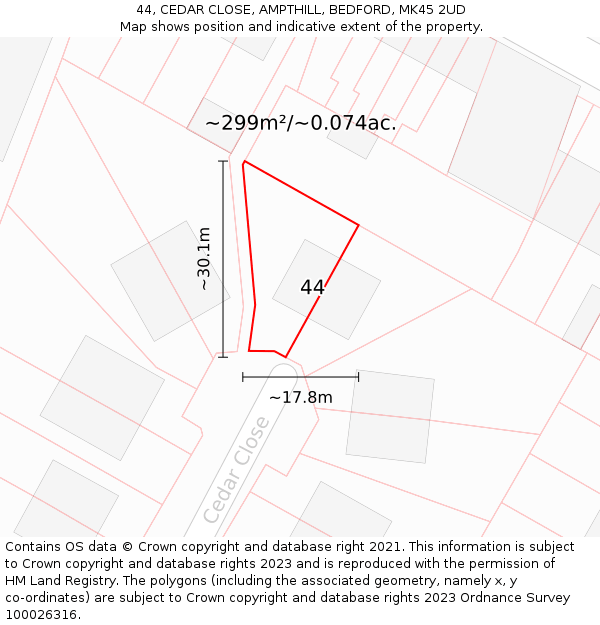 44, CEDAR CLOSE, AMPTHILL, BEDFORD, MK45 2UD: Plot and title map