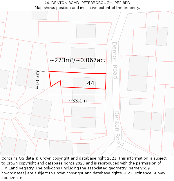 44, DENTON ROAD, PETERBOROUGH, PE2 8PD: Plot and title map