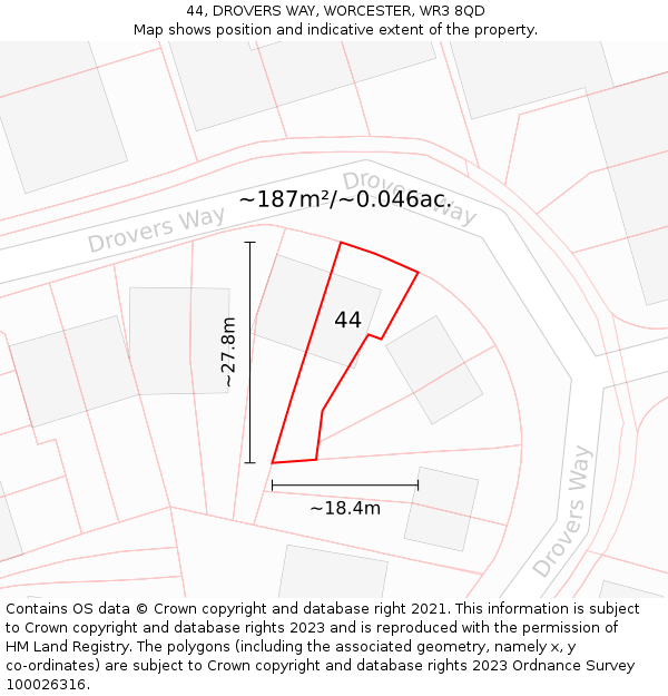 44, DROVERS WAY, WORCESTER, WR3 8QD: Plot and title map