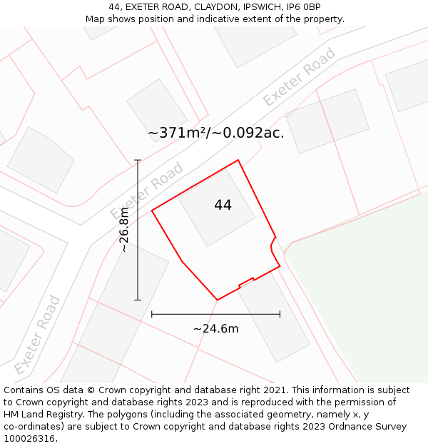 44, EXETER ROAD, CLAYDON, IPSWICH, IP6 0BP: Plot and title map