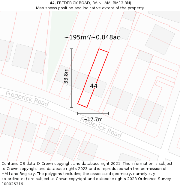 44, FREDERICK ROAD, RAINHAM, RM13 8NJ: Plot and title map