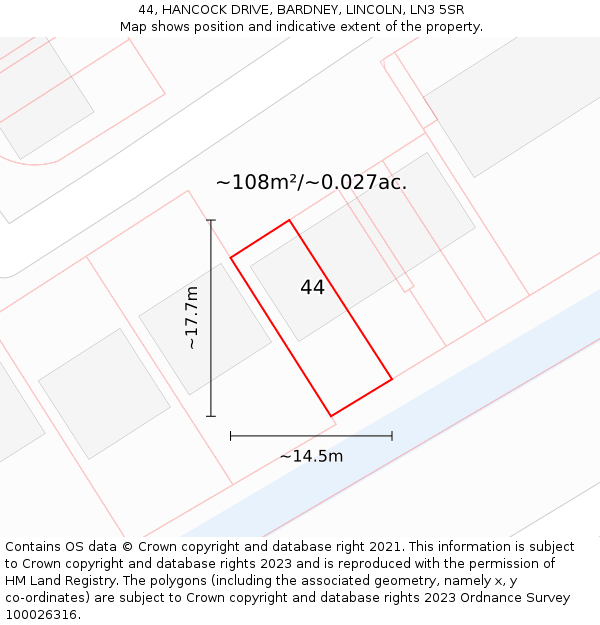 44, HANCOCK DRIVE, BARDNEY, LINCOLN, LN3 5SR: Plot and title map