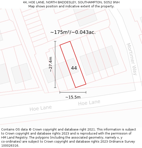 44, HOE LANE, NORTH BADDESLEY, SOUTHAMPTON, SO52 9NH: Plot and title map