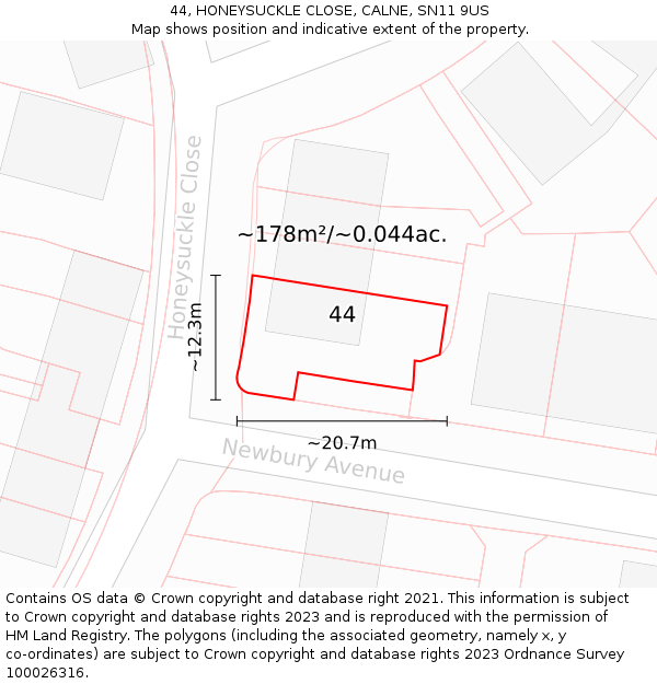 44, HONEYSUCKLE CLOSE, CALNE, SN11 9US: Plot and title map