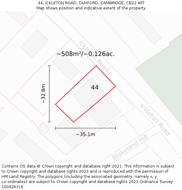 44, ICKLETON ROAD, DUXFORD, CAMBRIDGE, CB22 4RT: Plot and title map