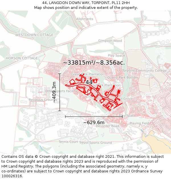44, LANGDON DOWN WAY, TORPOINT, PL11 2HH: Plot and title map