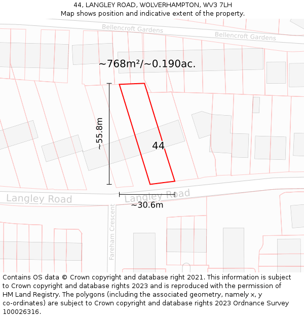 44, LANGLEY ROAD, WOLVERHAMPTON, WV3 7LH: Plot and title map