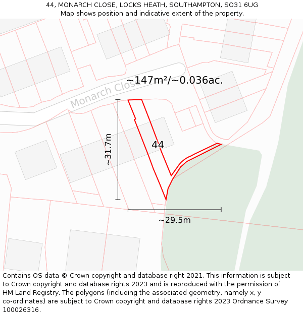 44, MONARCH CLOSE, LOCKS HEATH, SOUTHAMPTON, SO31 6UG: Plot and title map
