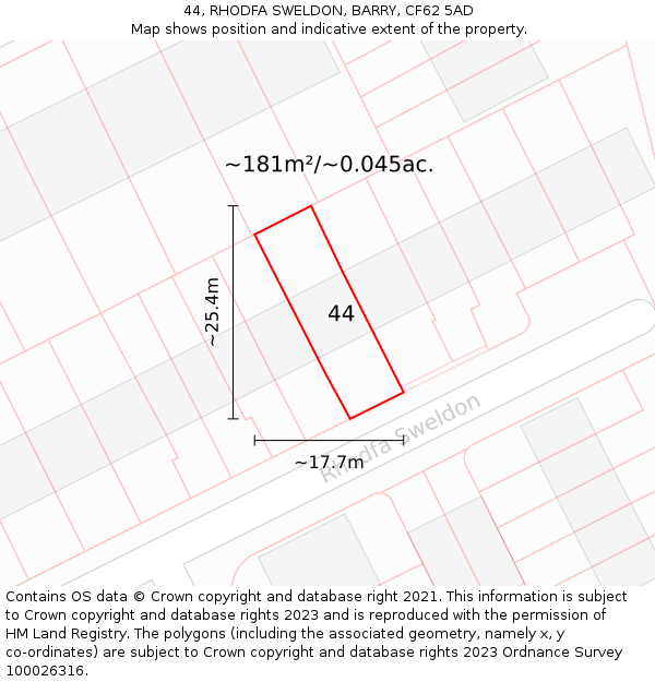 44, RHODFA SWELDON, BARRY, CF62 5AD: Plot and title map
