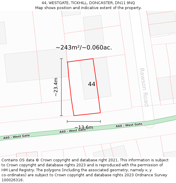 44, WESTGATE, TICKHILL, DONCASTER, DN11 9NQ: Plot and title map