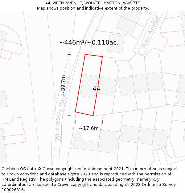 44, WREN AVENUE, WOLVERHAMPTON, WV6 7TS: Plot and title map