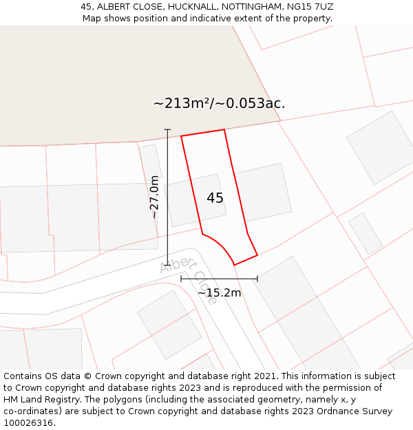45, ALBERT CLOSE, HUCKNALL, NOTTINGHAM, NG15 7UZ: Plot and title map