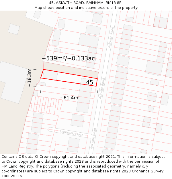 45, ASKWITH ROAD, RAINHAM, RM13 8EL: Plot and title map