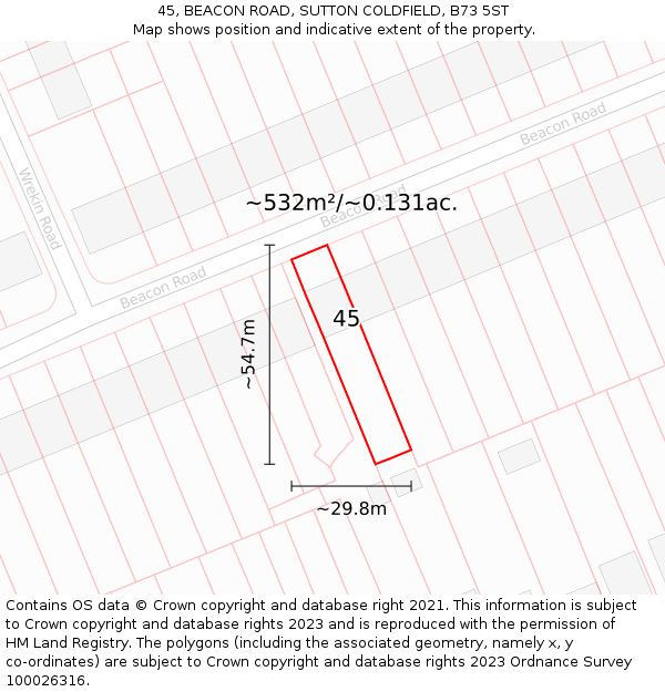 45, BEACON ROAD, SUTTON COLDFIELD, B73 5ST: Plot and title map