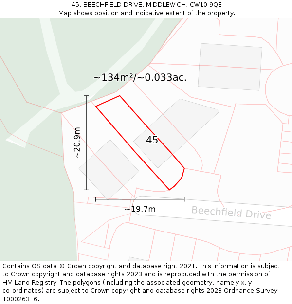 45, BEECHFIELD DRIVE, MIDDLEWICH, CW10 9QE: Plot and title map