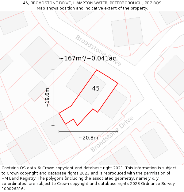 45, BROADSTONE DRIVE, HAMPTON WATER, PETERBOROUGH, PE7 8QS: Plot and title map