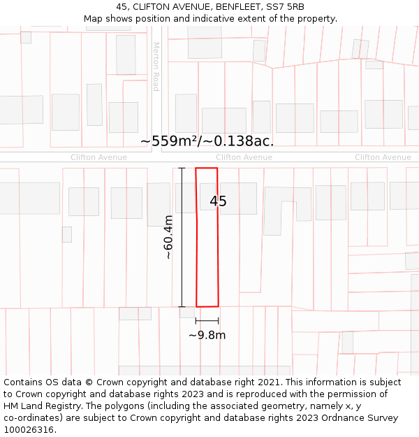 45, CLIFTON AVENUE, BENFLEET, SS7 5RB: Plot and title map