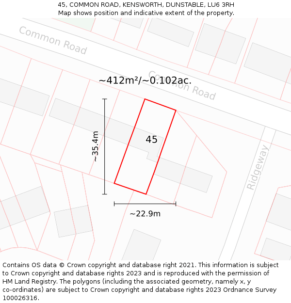 45, COMMON ROAD, KENSWORTH, DUNSTABLE, LU6 3RH: Plot and title map