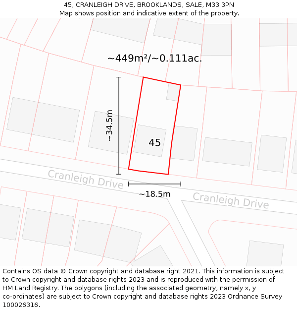 45, CRANLEIGH DRIVE, BROOKLANDS, SALE, M33 3PN: Plot and title map