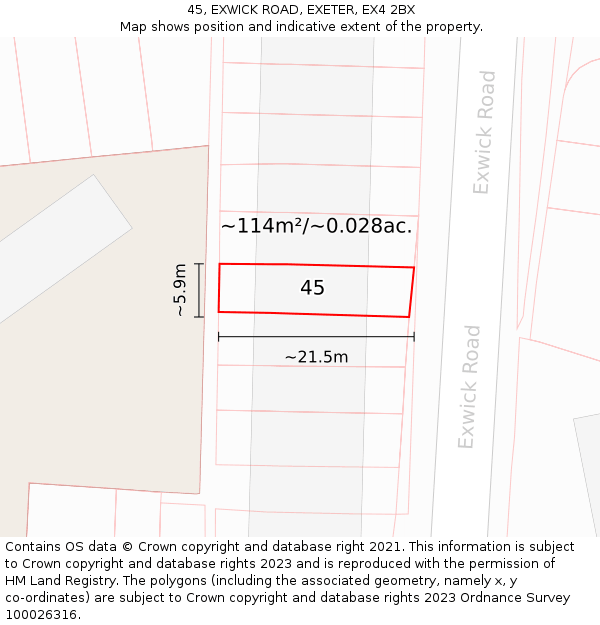 45, EXWICK ROAD, EXETER, EX4 2BX: Plot and title map