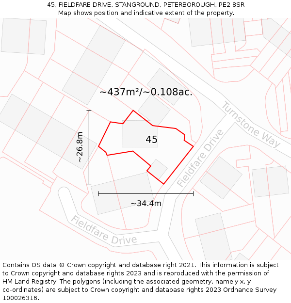 45, FIELDFARE DRIVE, STANGROUND, PETERBOROUGH, PE2 8SR: Plot and title map