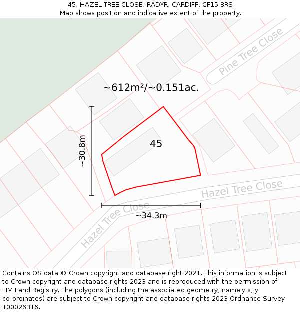 45, HAZEL TREE CLOSE, RADYR, CARDIFF, CF15 8RS: Plot and title map