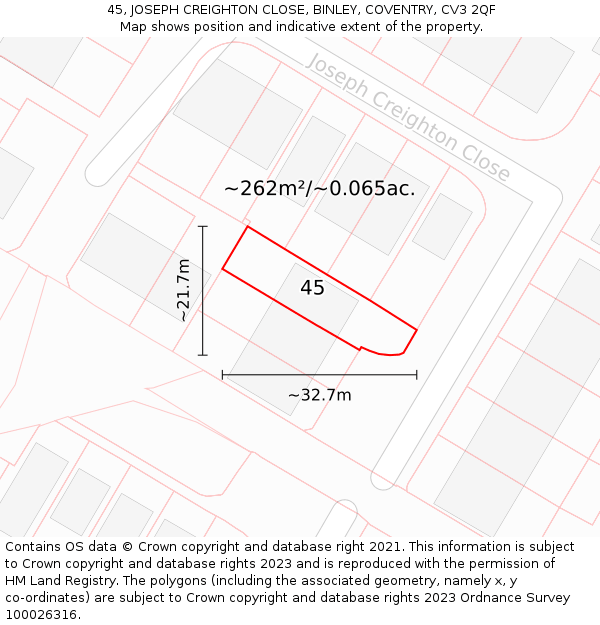 45, JOSEPH CREIGHTON CLOSE, BINLEY, COVENTRY, CV3 2QF: Plot and title map