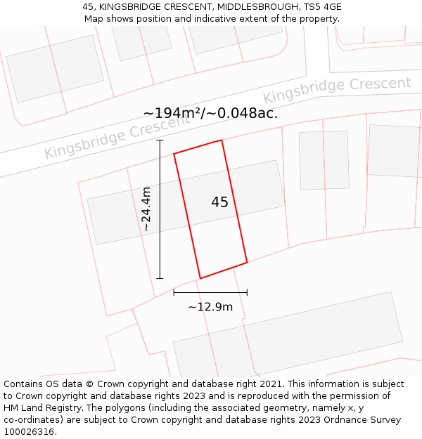 45, KINGSBRIDGE CRESCENT, MIDDLESBROUGH, TS5 4GE: Plot and title map