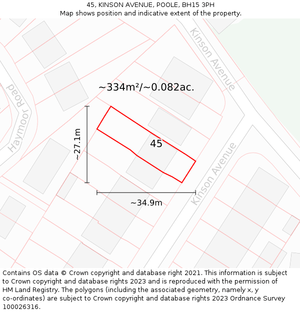 45, KINSON AVENUE, POOLE, BH15 3PH: Plot and title map