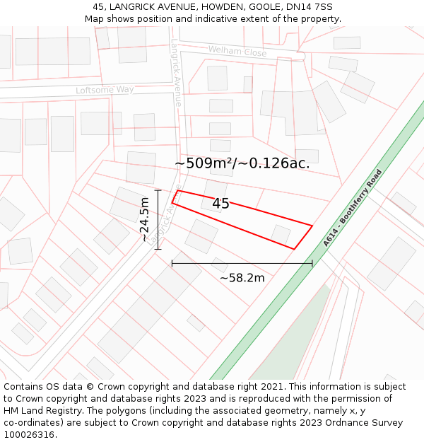 45, LANGRICK AVENUE, HOWDEN, GOOLE, DN14 7SS: Plot and title map