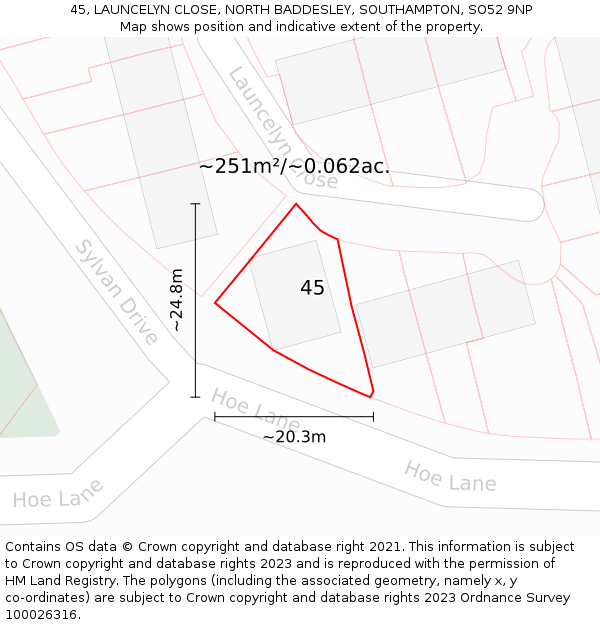 45, LAUNCELYN CLOSE, NORTH BADDESLEY, SOUTHAMPTON, SO52 9NP: Plot and title map