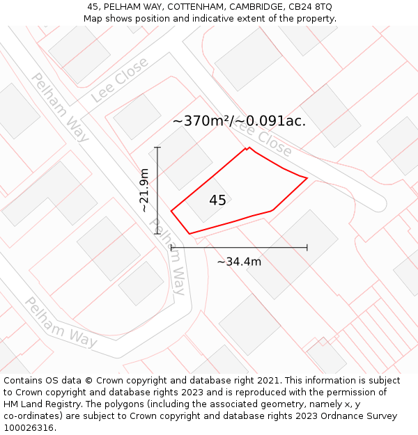 45, PELHAM WAY, COTTENHAM, CAMBRIDGE, CB24 8TQ: Plot and title map