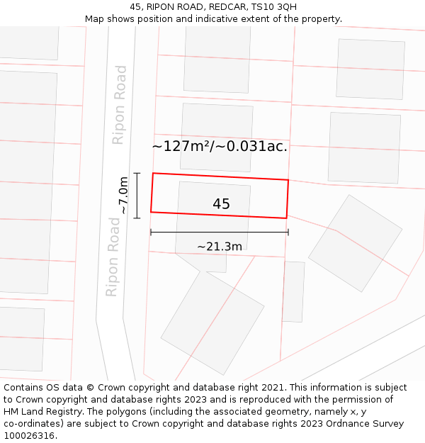 45, RIPON ROAD, REDCAR, TS10 3QH: Plot and title map
