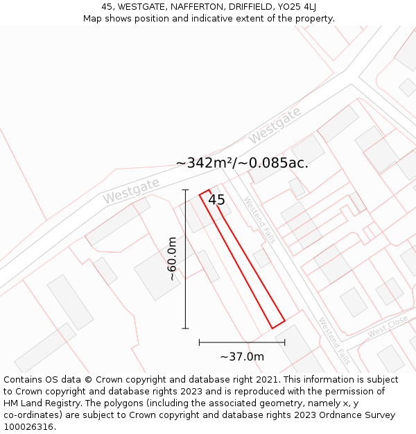 45, WESTGATE, NAFFERTON, DRIFFIELD, YO25 4LJ: Plot and title map