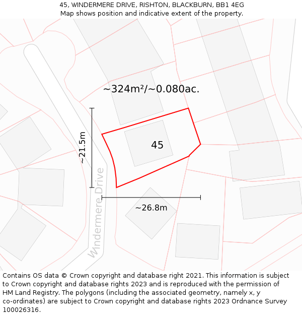 45, WINDERMERE DRIVE, RISHTON, BLACKBURN, BB1 4EG: Plot and title map