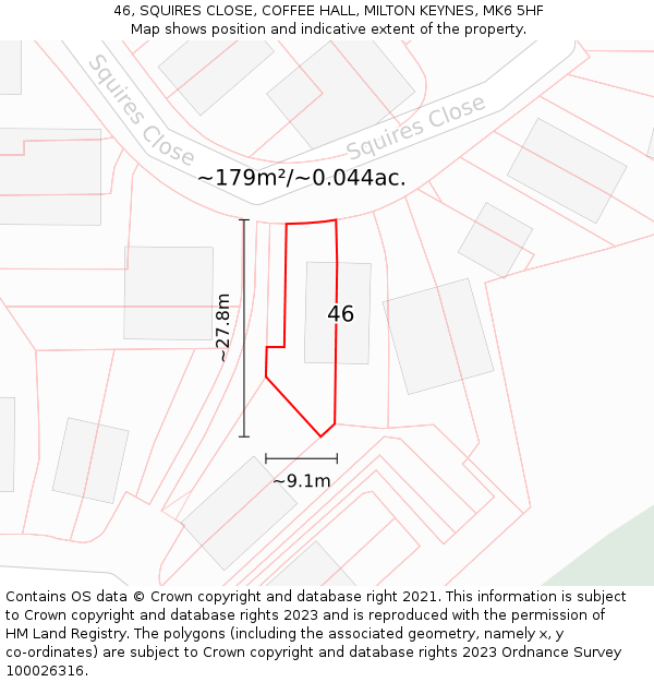 46, SQUIRES CLOSE, COFFEE HALL, MILTON KEYNES, MK6 5HF: Plot and title map