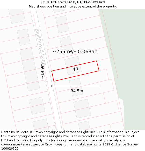 47, BLAITHROYD LANE, HALIFAX, HX3 9PS: Plot and title map