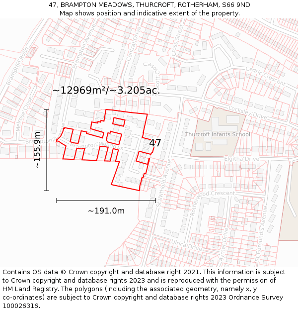 47, BRAMPTON MEADOWS, THURCROFT, ROTHERHAM, S66 9ND: Plot and title map