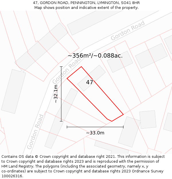 47, GORDON ROAD, PENNINGTON, LYMINGTON, SO41 8HR: Plot and title map