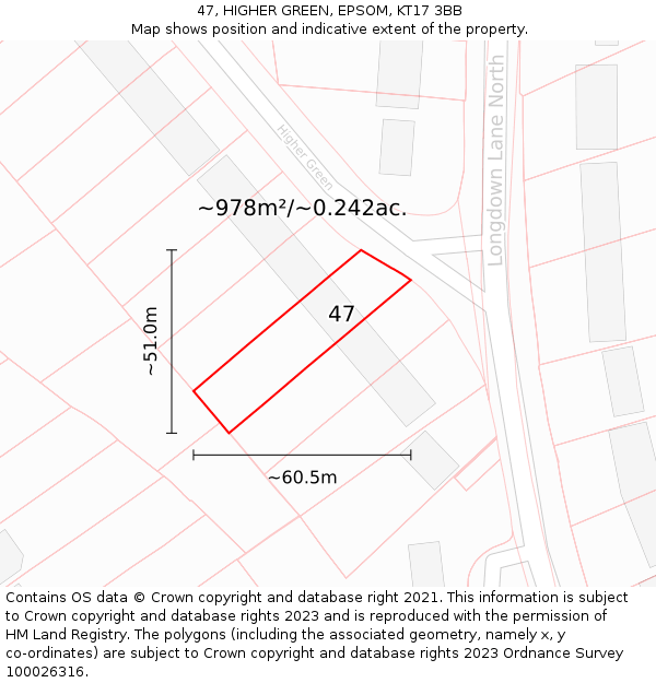 47, HIGHER GREEN, EPSOM, KT17 3BB: Plot and title map