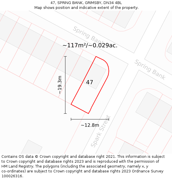 47, SPRING BANK, GRIMSBY, DN34 4BL: Plot and title map