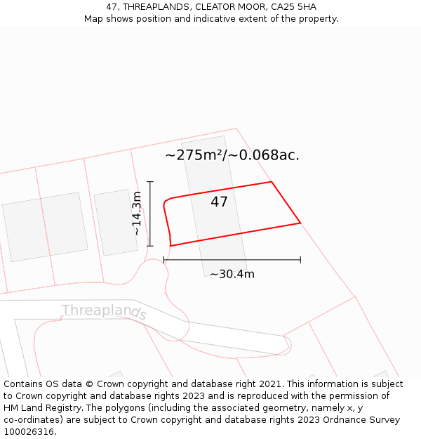 47, THREAPLANDS, CLEATOR MOOR, CA25 5HA: Plot and title map