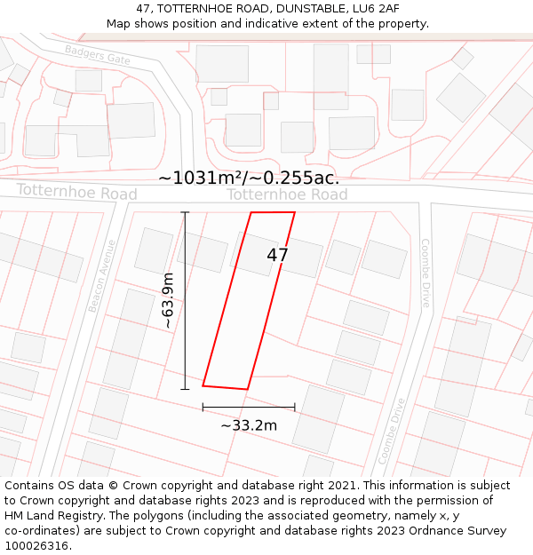 47, TOTTERNHOE ROAD, DUNSTABLE, LU6 2AF: Plot and title map