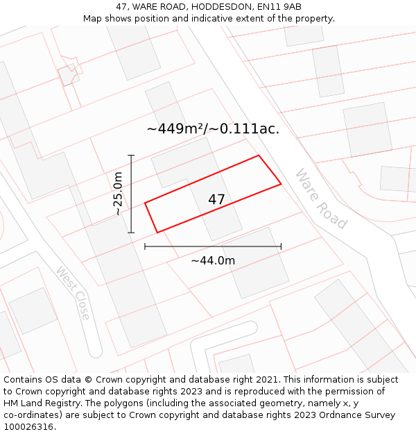 47, WARE ROAD, HODDESDON, EN11 9AB: Plot and title map