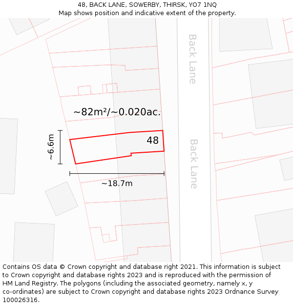 48, BACK LANE, SOWERBY, THIRSK, YO7 1NQ: Plot and title map