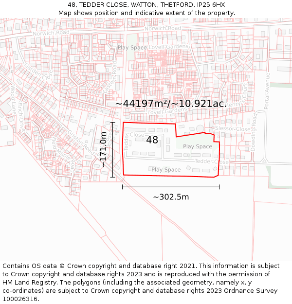 48, TEDDER CLOSE, WATTON, THETFORD, IP25 6HX: Plot and title map