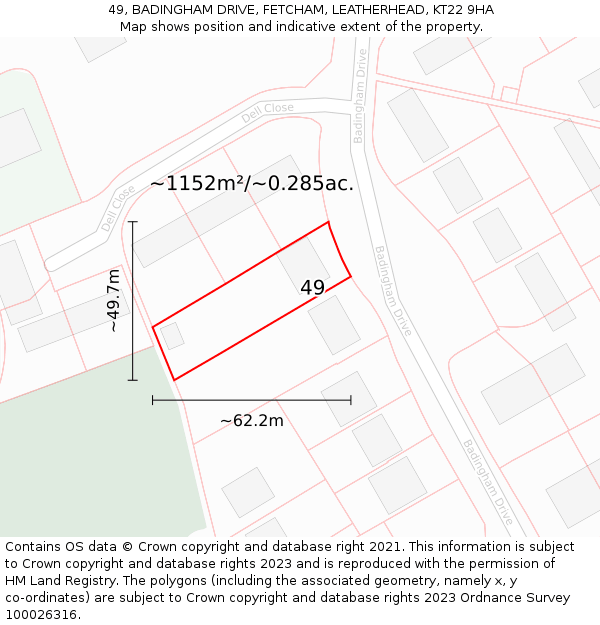49, BADINGHAM DRIVE, FETCHAM, LEATHERHEAD, KT22 9HA: Plot and title map