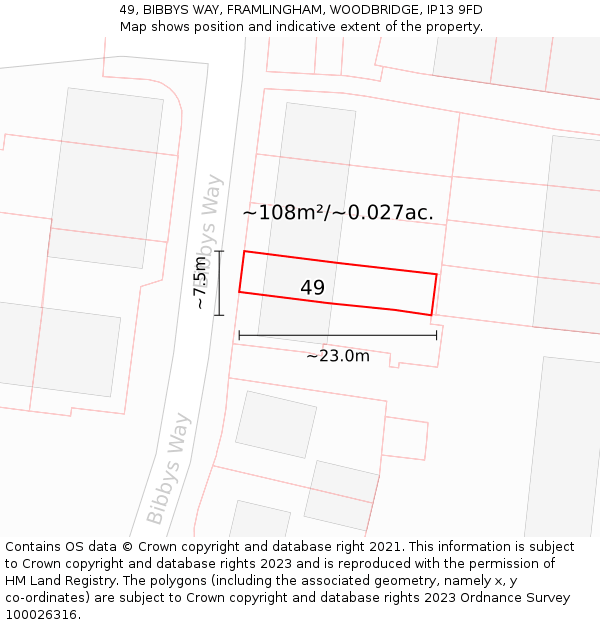 49, BIBBYS WAY, FRAMLINGHAM, WOODBRIDGE, IP13 9FD: Plot and title map